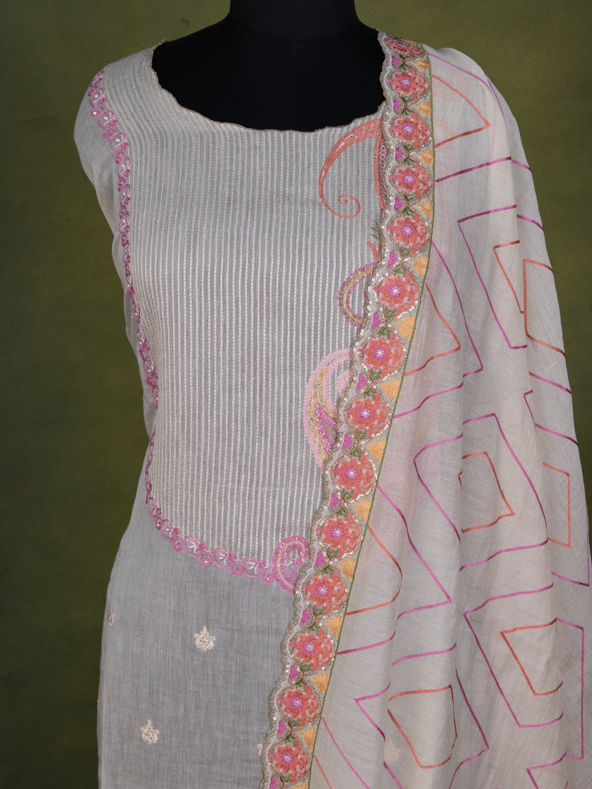 Cream Chanderi Semi-Stitched Suit With Embroidery