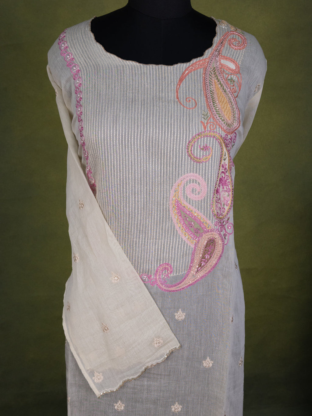 Cream Chanderi Semi-Stitched Suit With Embroidery