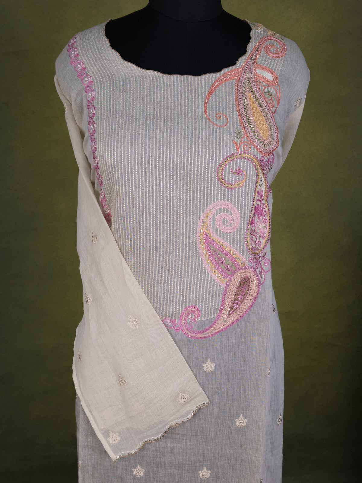 Cream Chanderi Semi-Stitched Suit With Embroidery
