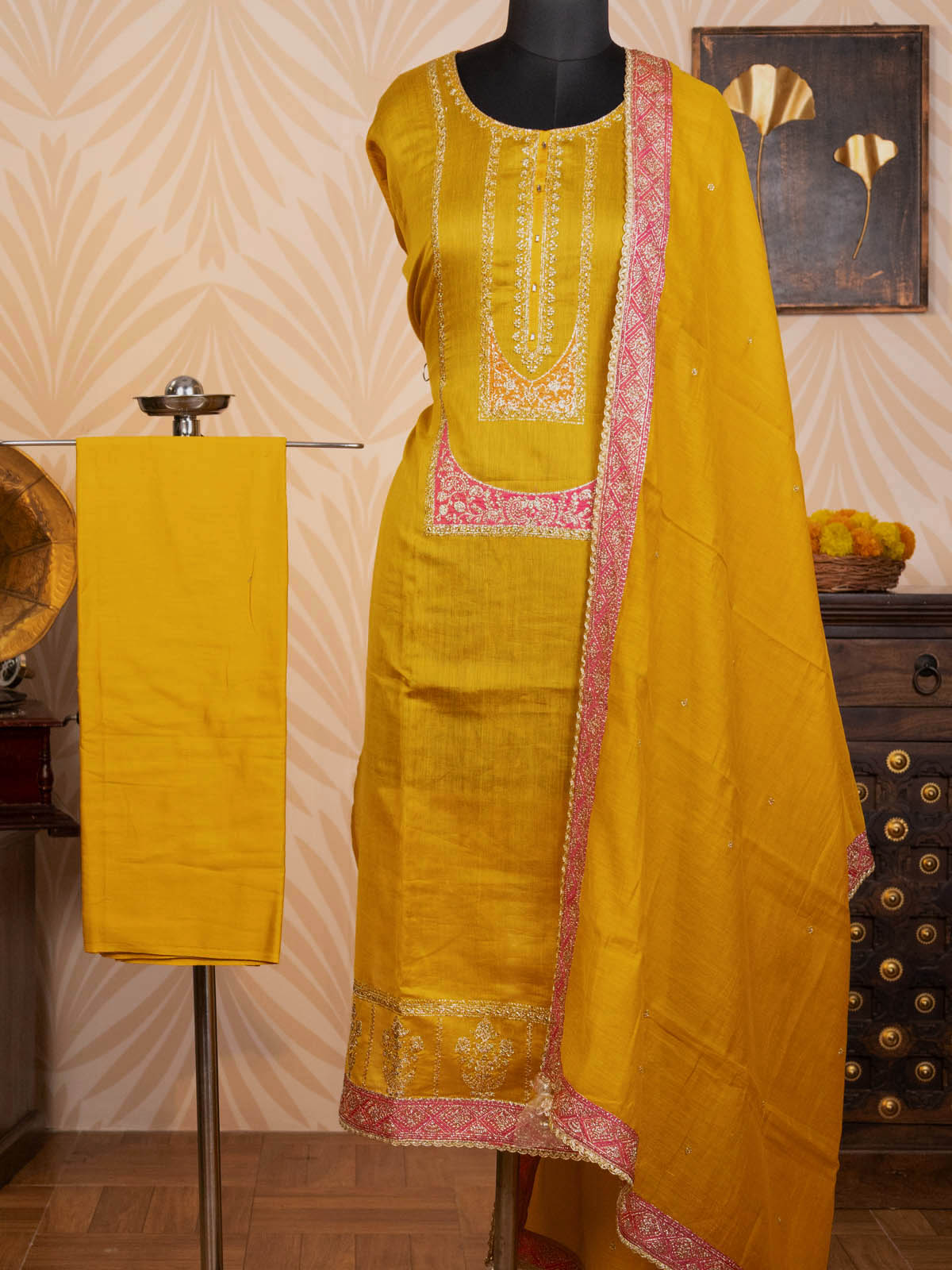 Yellow Chanderi Semi-Stitched Suit