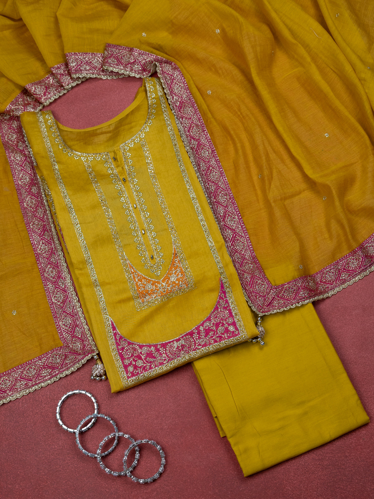 Yellow Chanderi Semi-Stitched Suit