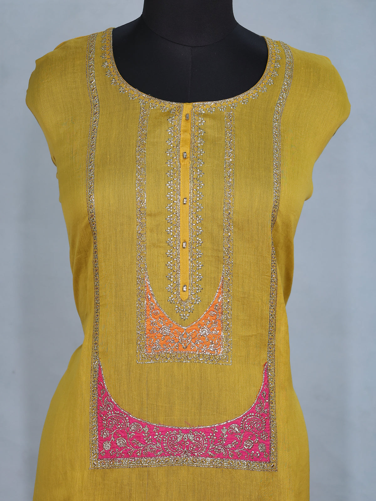 Yellow Chanderi Semi-Stitched Suit
