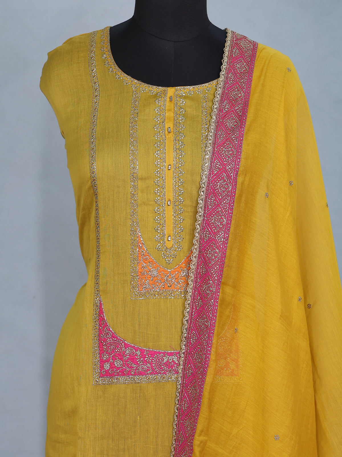Yellow Chanderi Semi-Stitched Suit