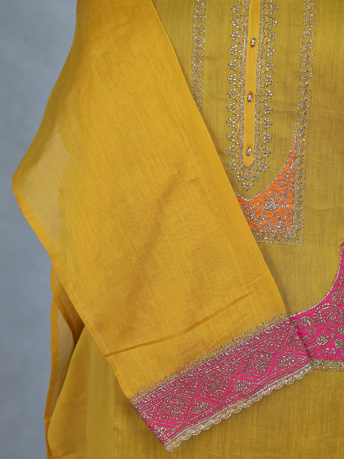 Yellow Chanderi Semi-Stitched Suit
