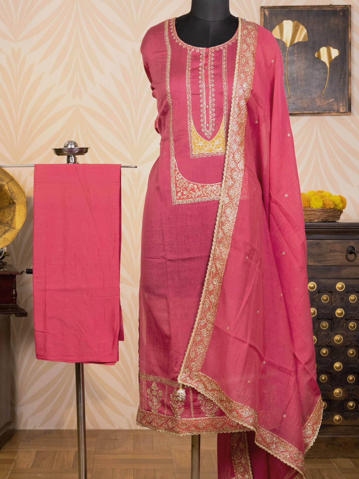 Pink Chanderi Semi-Stitched Suit With Embroidery