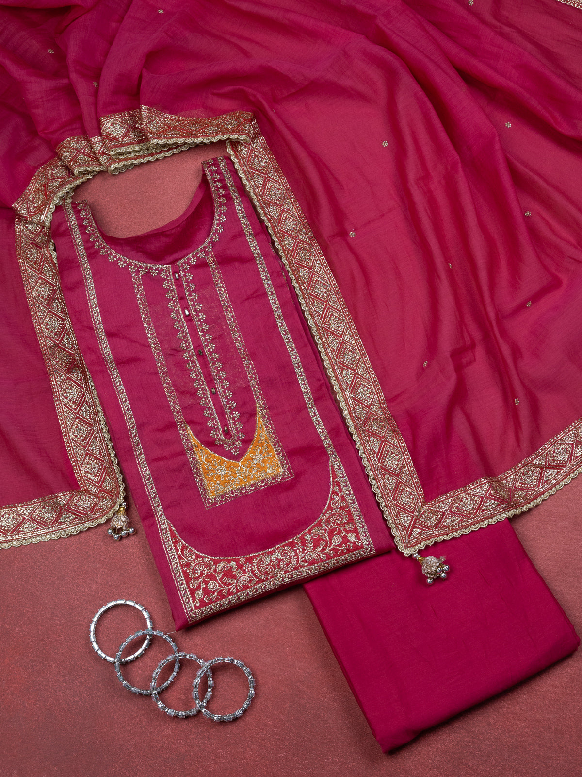 Pink Chanderi Semi-Stitched Suit With Embroidery