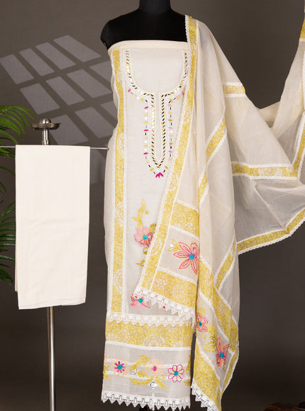 Off-White Chanderi Unstitched Suit with Embroidery Mirror Work