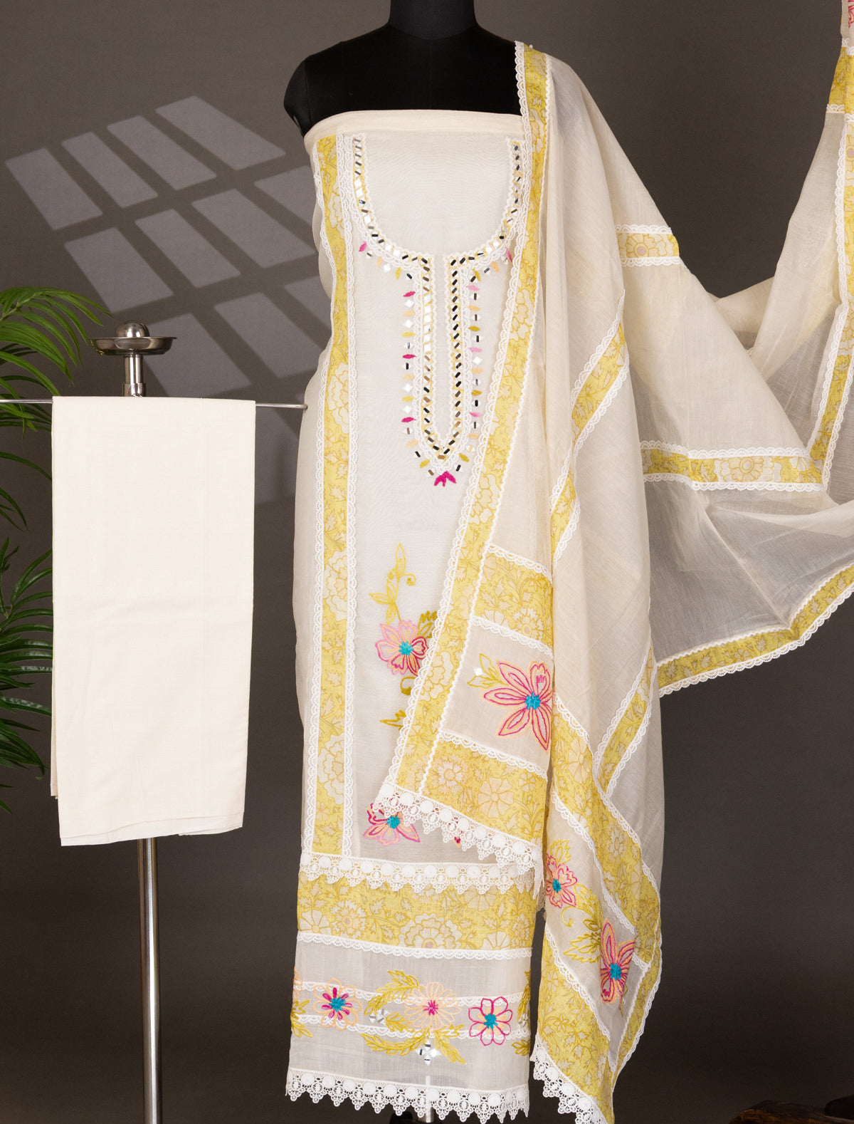 Off-White Chanderi Unstitched Suit with Embroidery Mirror Work