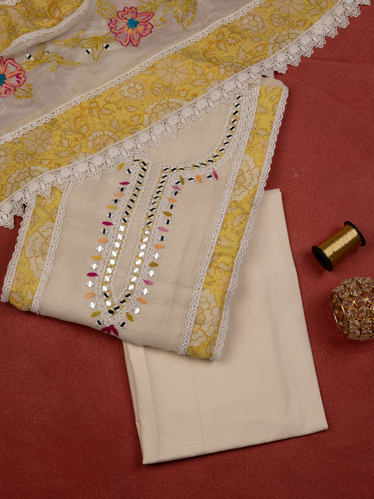 Off-White Chanderi Unstitched Suit with Embroidery Mirror Work