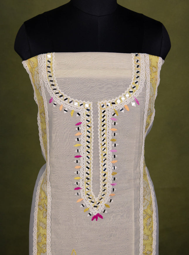 Off-White Chanderi Unstitched Suit with Embroidery Mirror Work