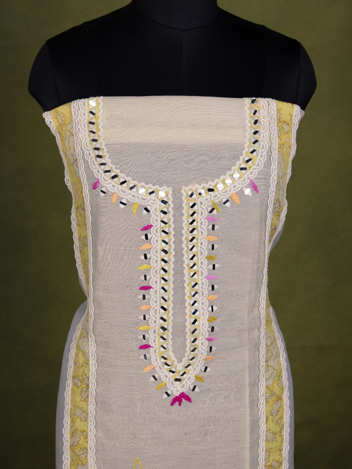 Off-White Chanderi Unstitched Suit with Embroidery Mirror Work