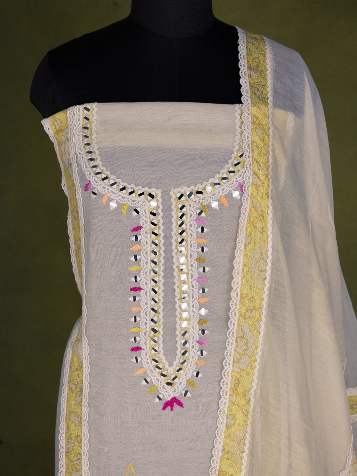 Off-White Chanderi Unstitched Suit with Embroidery Mirror Work