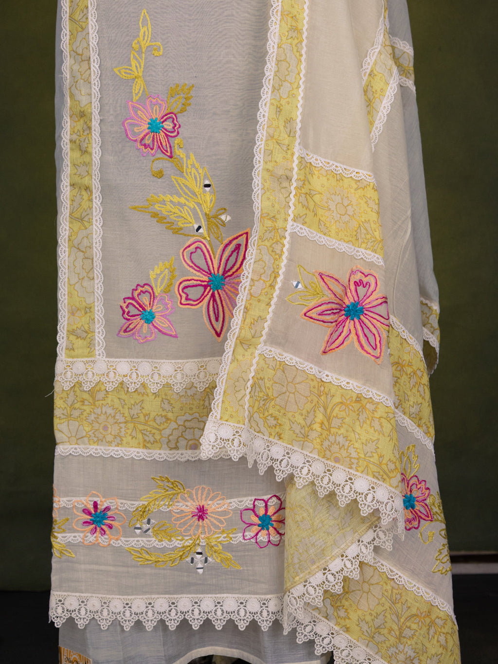 Off-White Chanderi Unstitched Suit with Embroidery Mirror Work