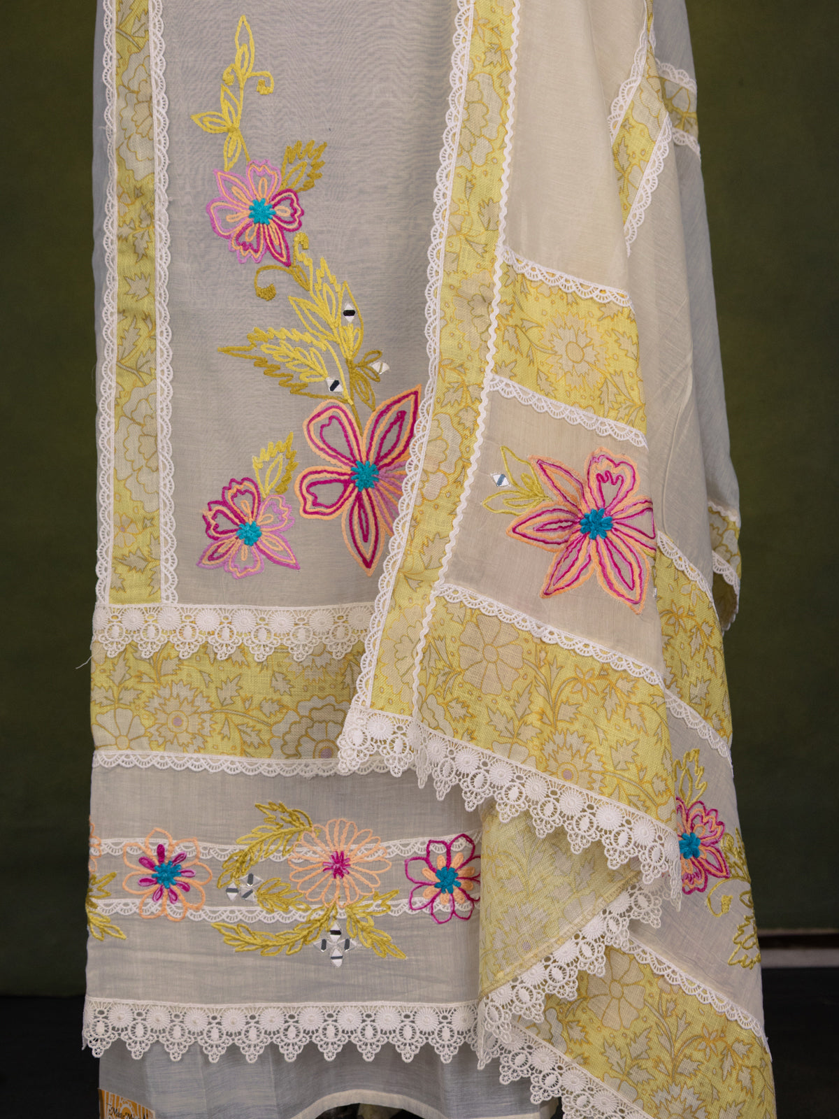 Off-White Chanderi Unstitched Suit with Embroidery Mirror Work