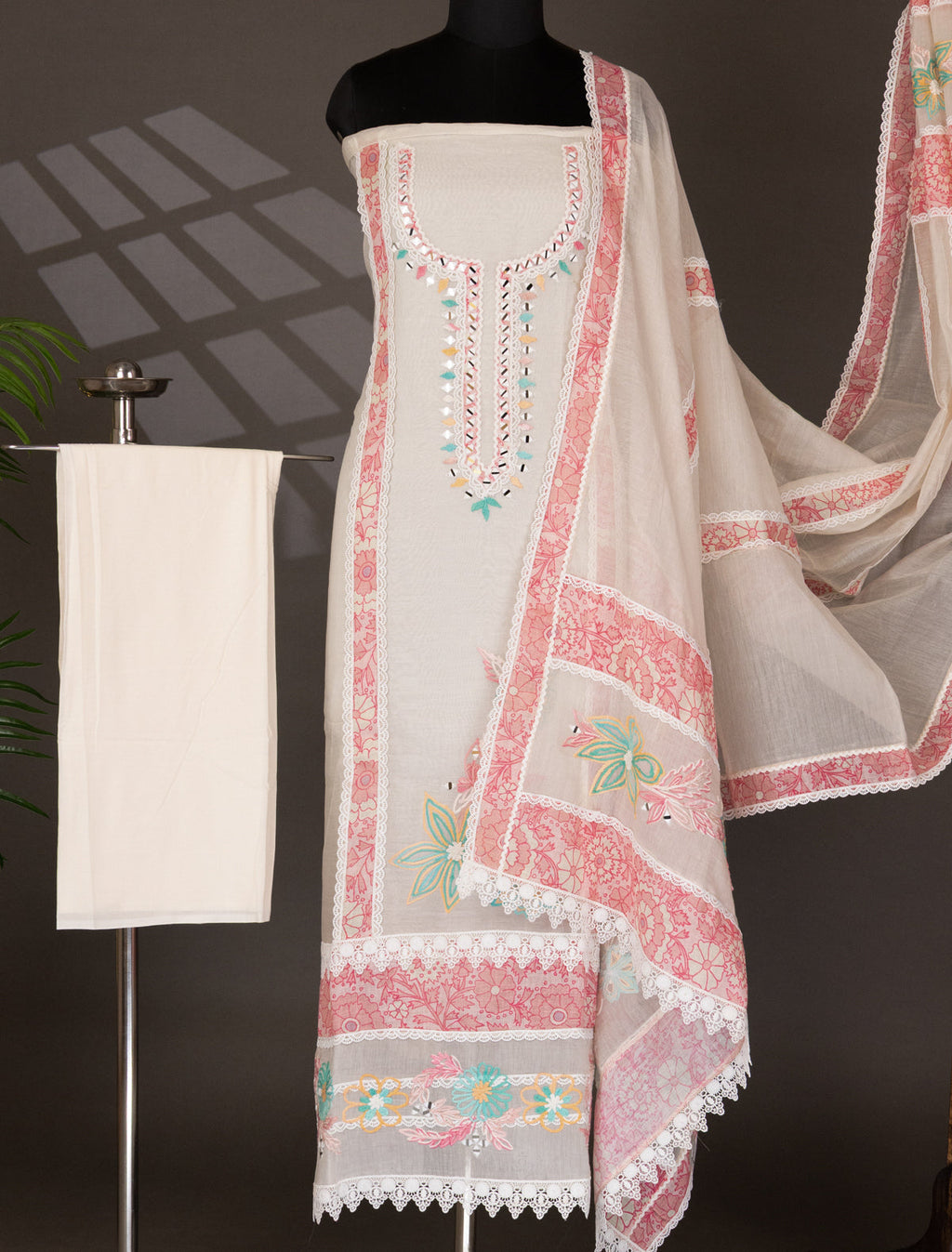 Off-White Chanderi Unstitched Suit with Embroidery Mirror Work