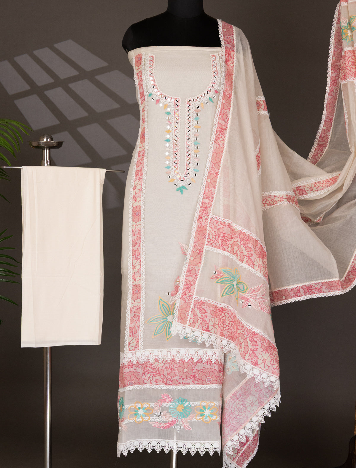 Off-White Chanderi Unstitched Suit with Embroidery Mirror Work