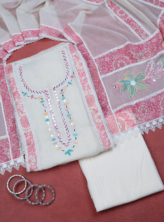 Off-White Chanderi Unstitched Suit with Embroidery Mirror Work