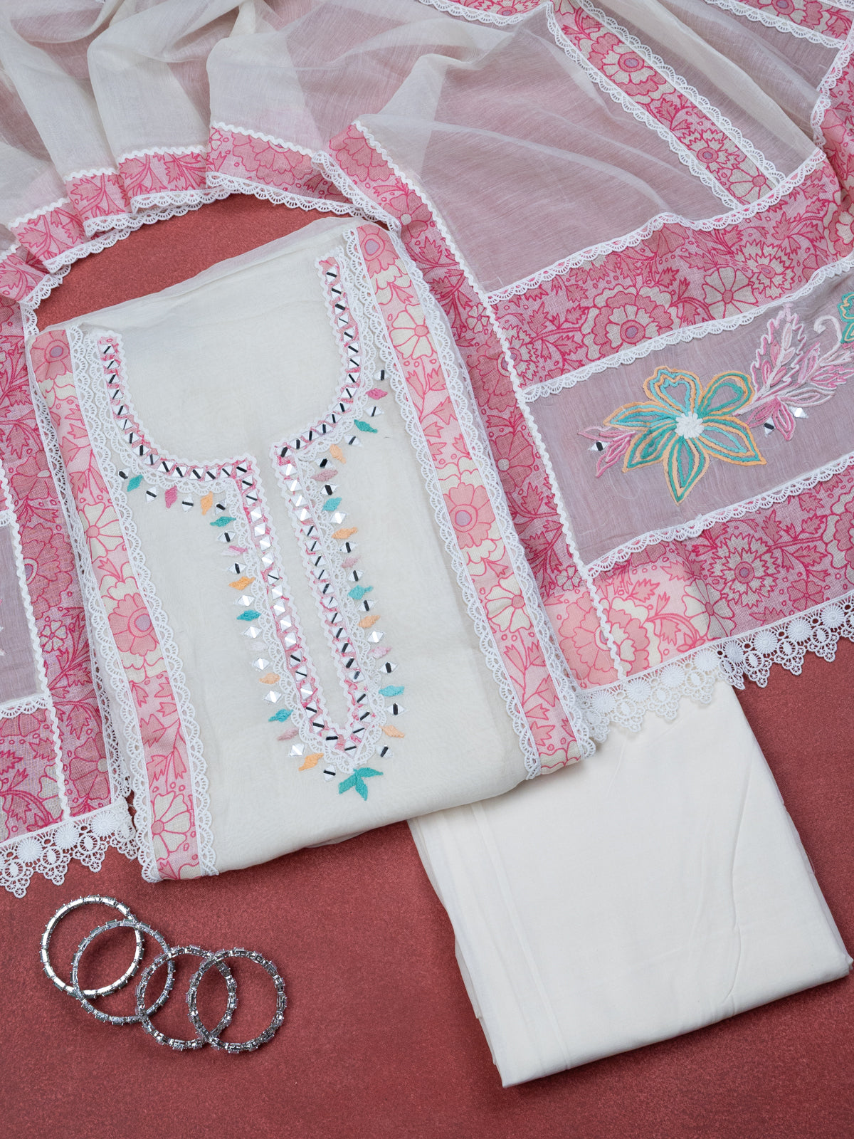 Off-White Chanderi Unstitched Suit with Embroidery Mirror Work