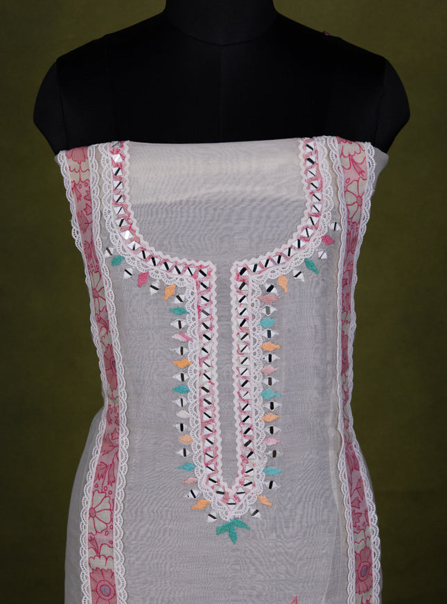 Off-White Chanderi Unstitched Suit with Embroidery Mirror Work