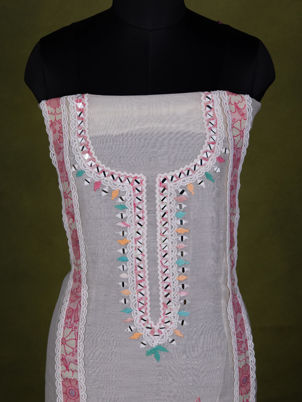 Off-White Chanderi Unstitched Suit with Embroidery Mirror Work