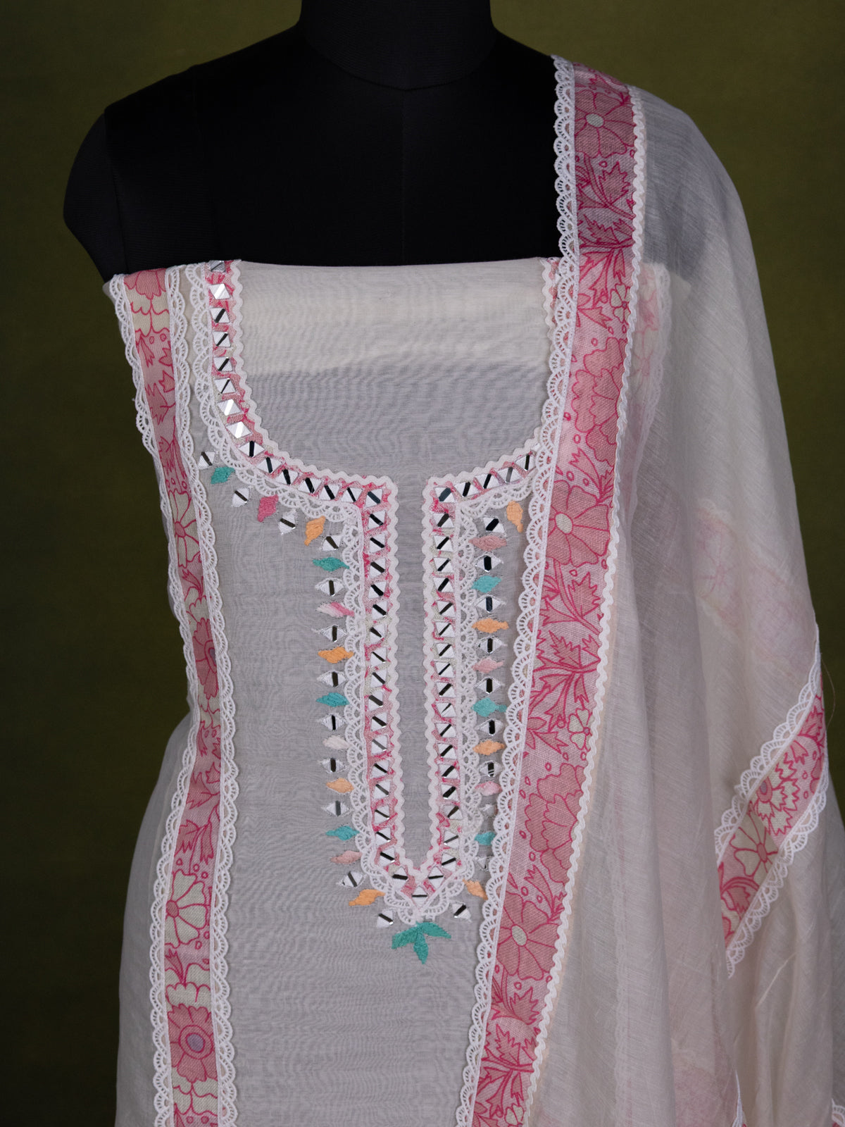 Off-White Chanderi Unstitched Suit with Embroidery Mirror Work