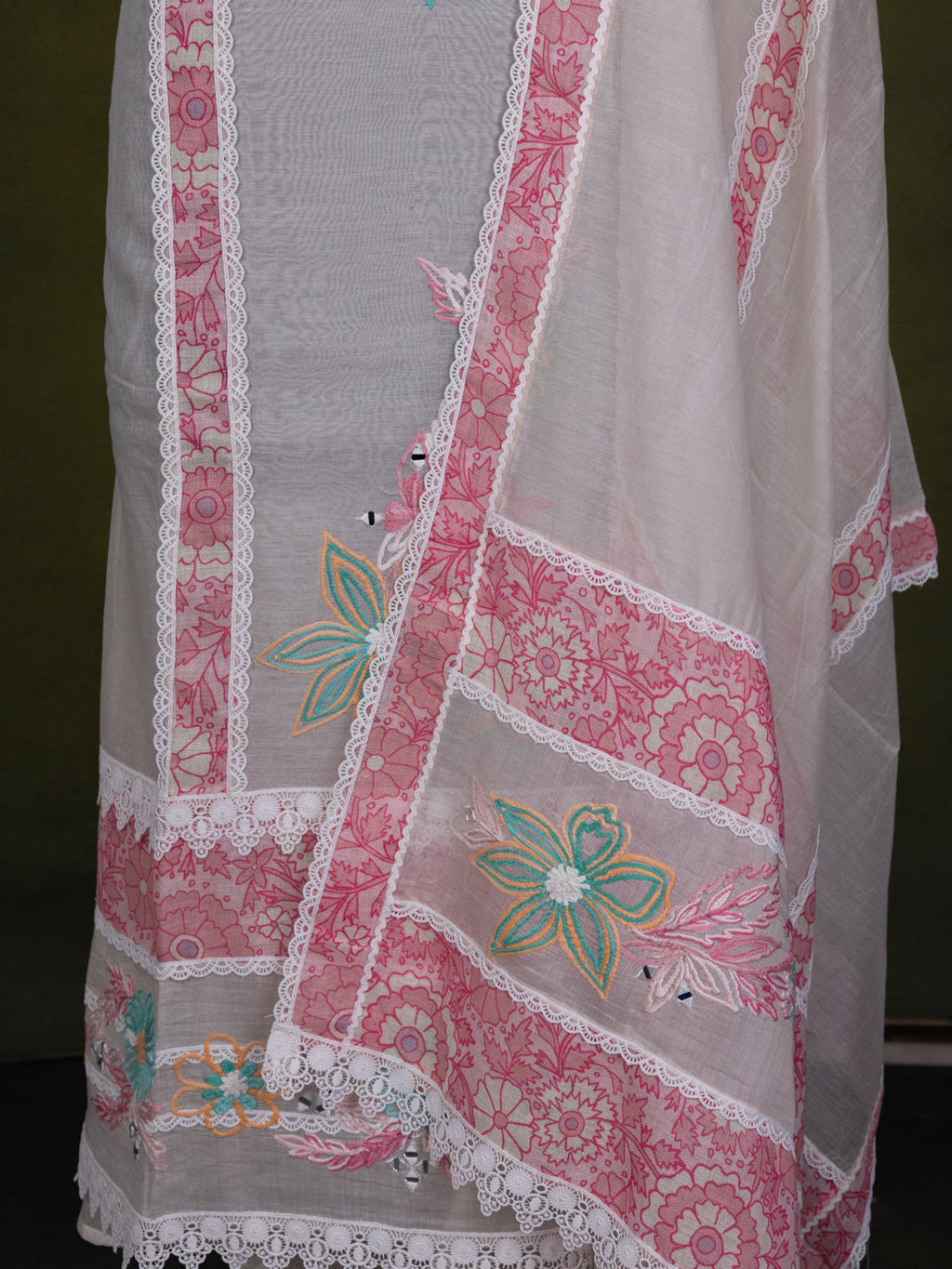 Off-White Chanderi Unstitched Suit with Embroidery Mirror Work