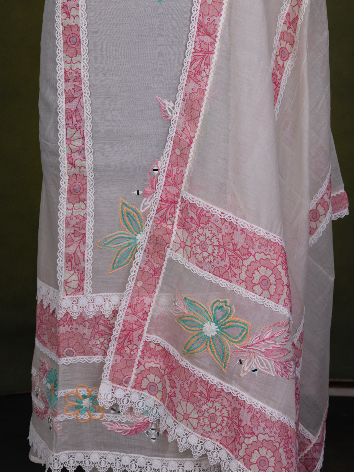 Off-White Chanderi Unstitched Suit with Embroidery Mirror Work