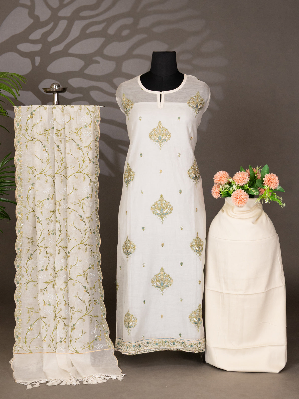 Cream Chanderi Semi-Stitched Suit