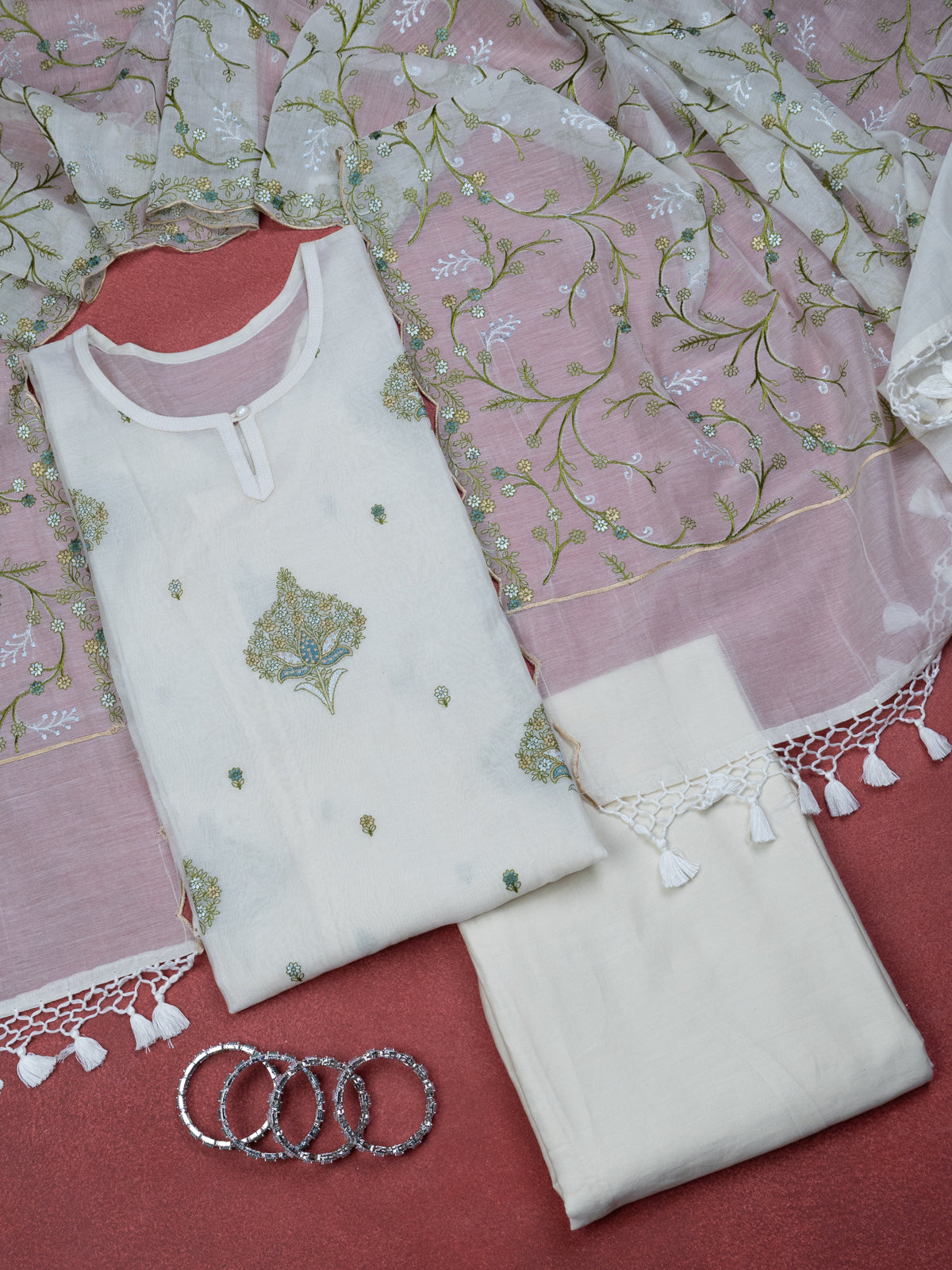 Cream Chanderi Semi-Stitched Suit