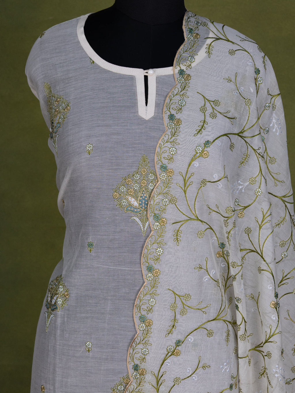 Cream Chanderi Semi-Stitched Suit