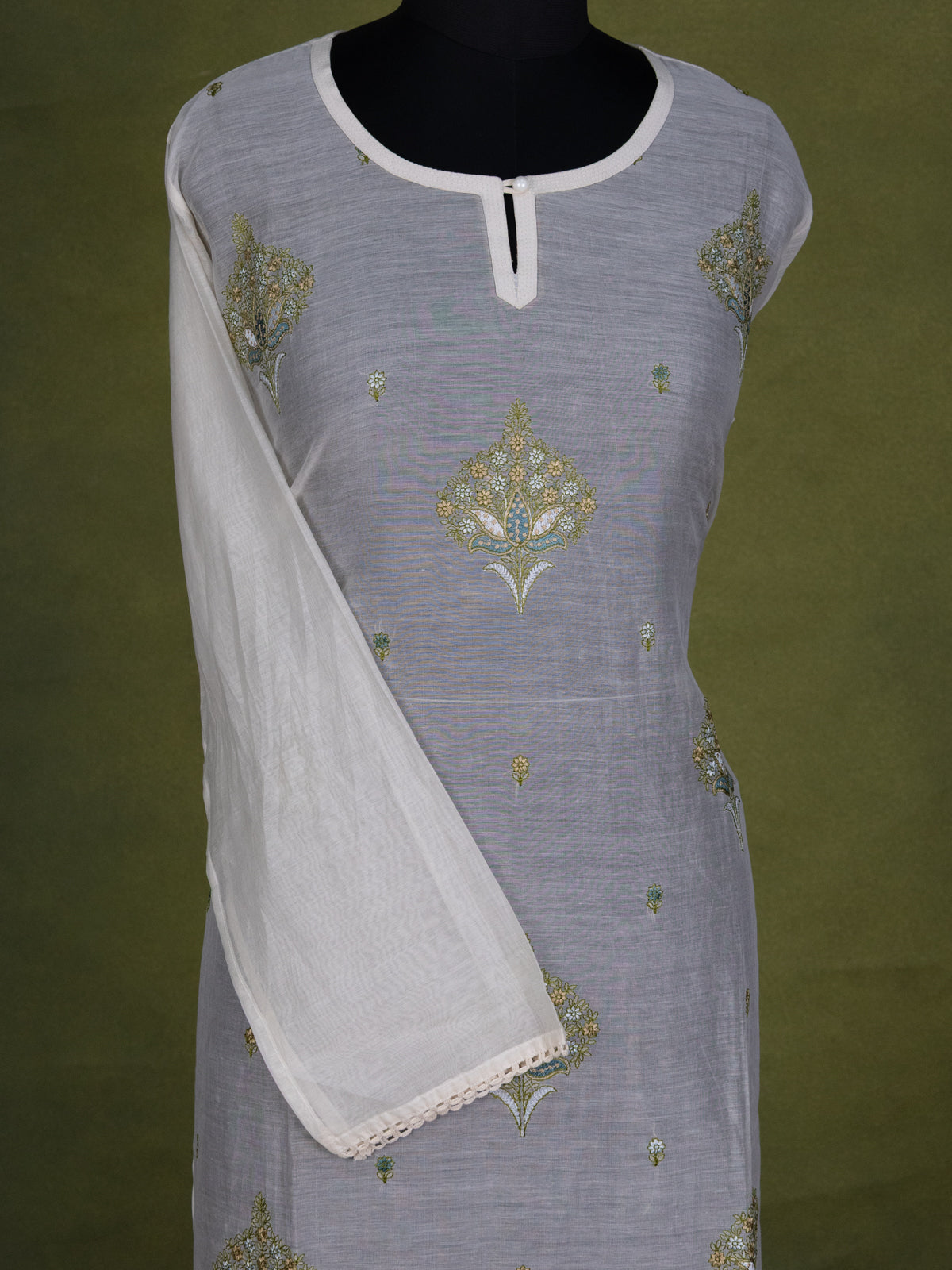 Cream Chanderi Semi-Stitched Suit