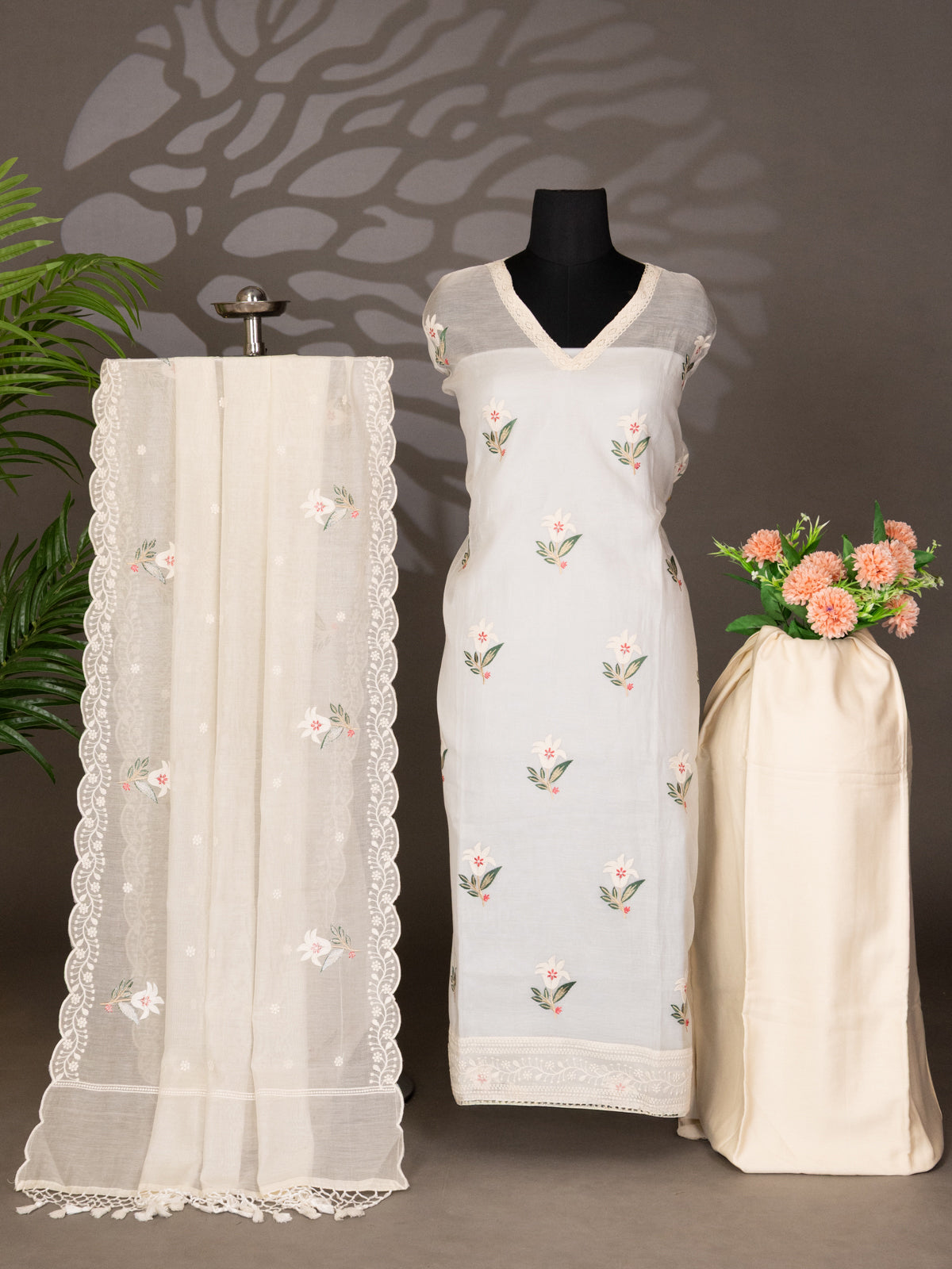 Off-White Chanderi Semi-Stitched Suit