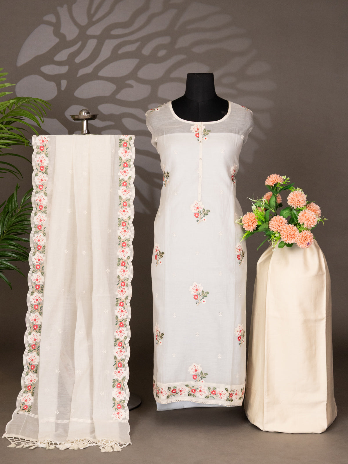 Off-White Chanderi Semi-Stitched Suit
