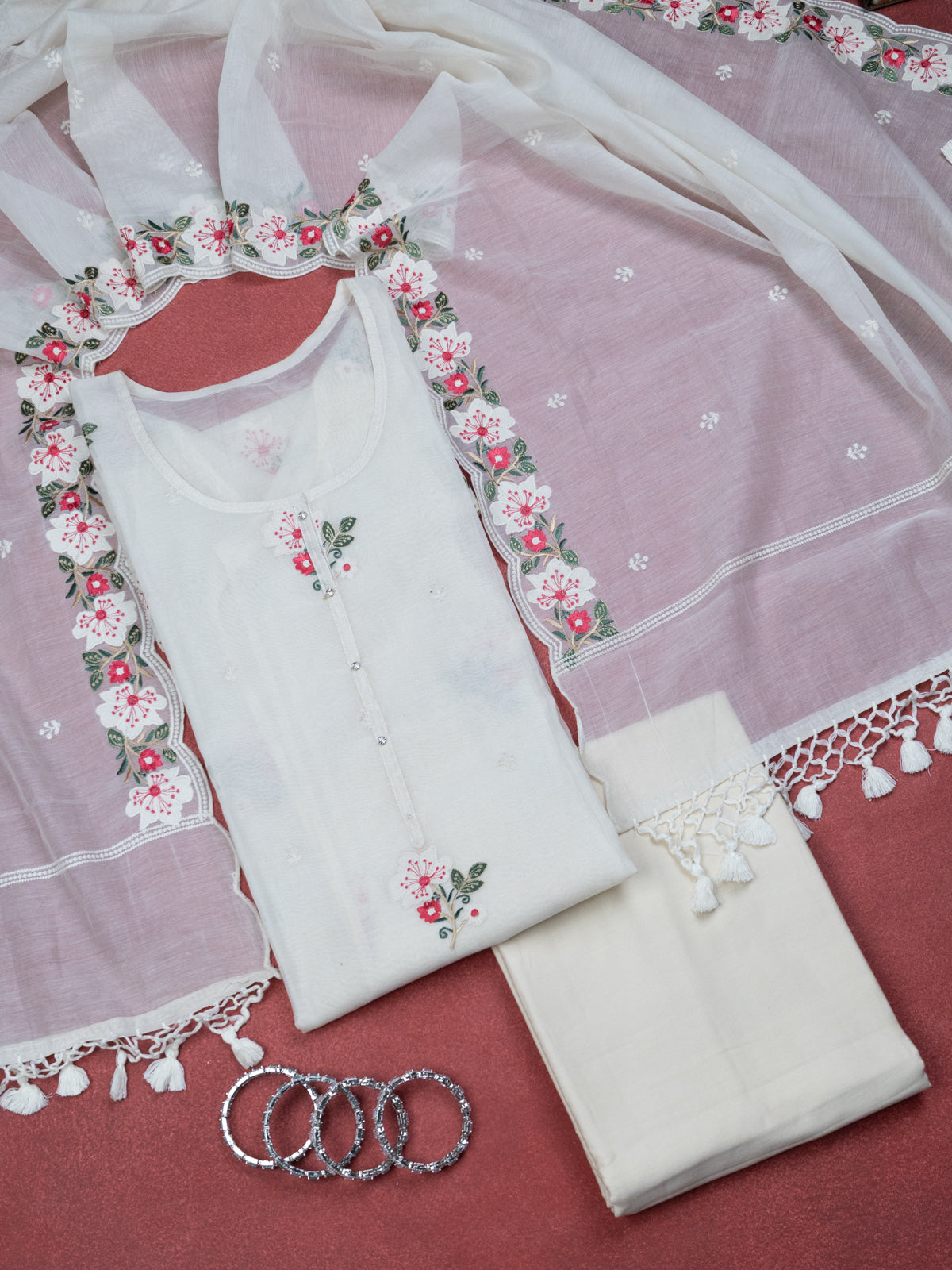 Off-White Chanderi Semi-Stitched Suit