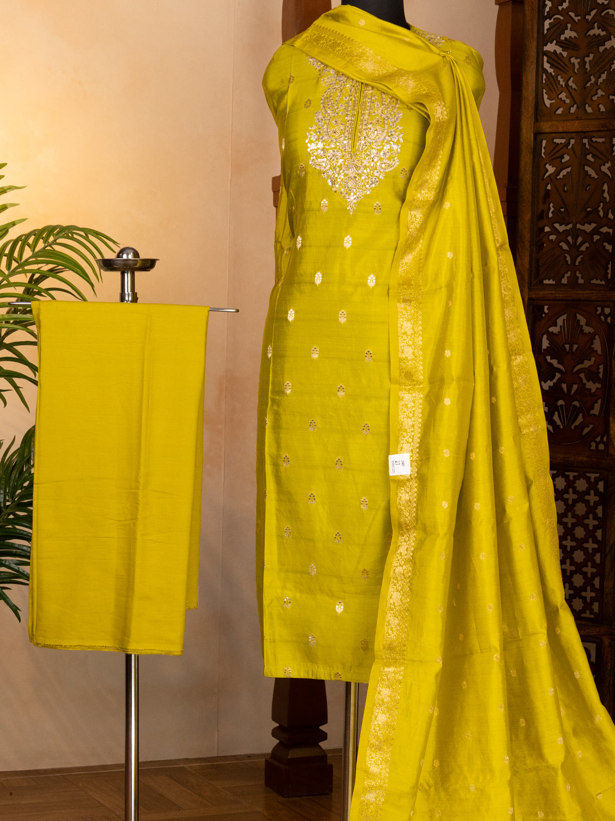 Lime Green Silk Semi-Stitched Suit