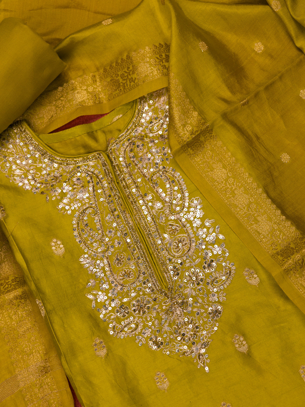 Lime Green Silk Semi-Stitched Suit