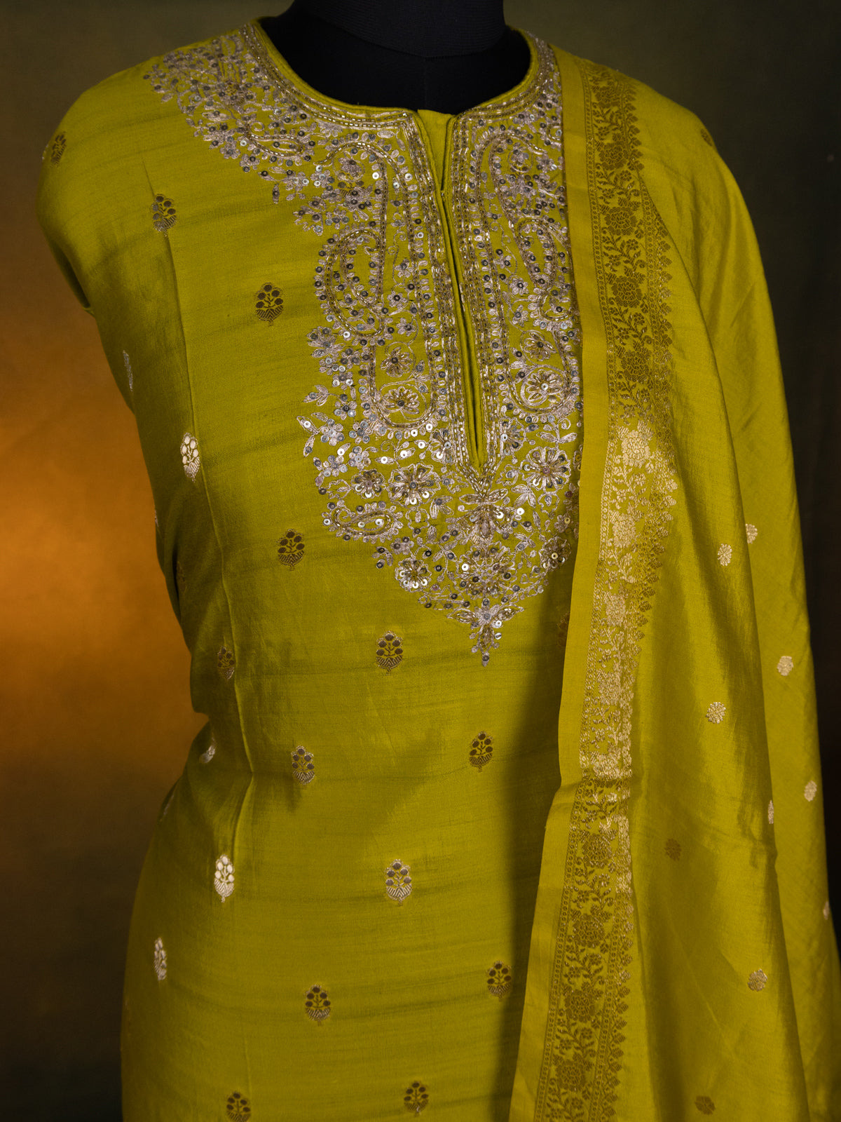 Lime Green Silk Semi-Stitched Suit