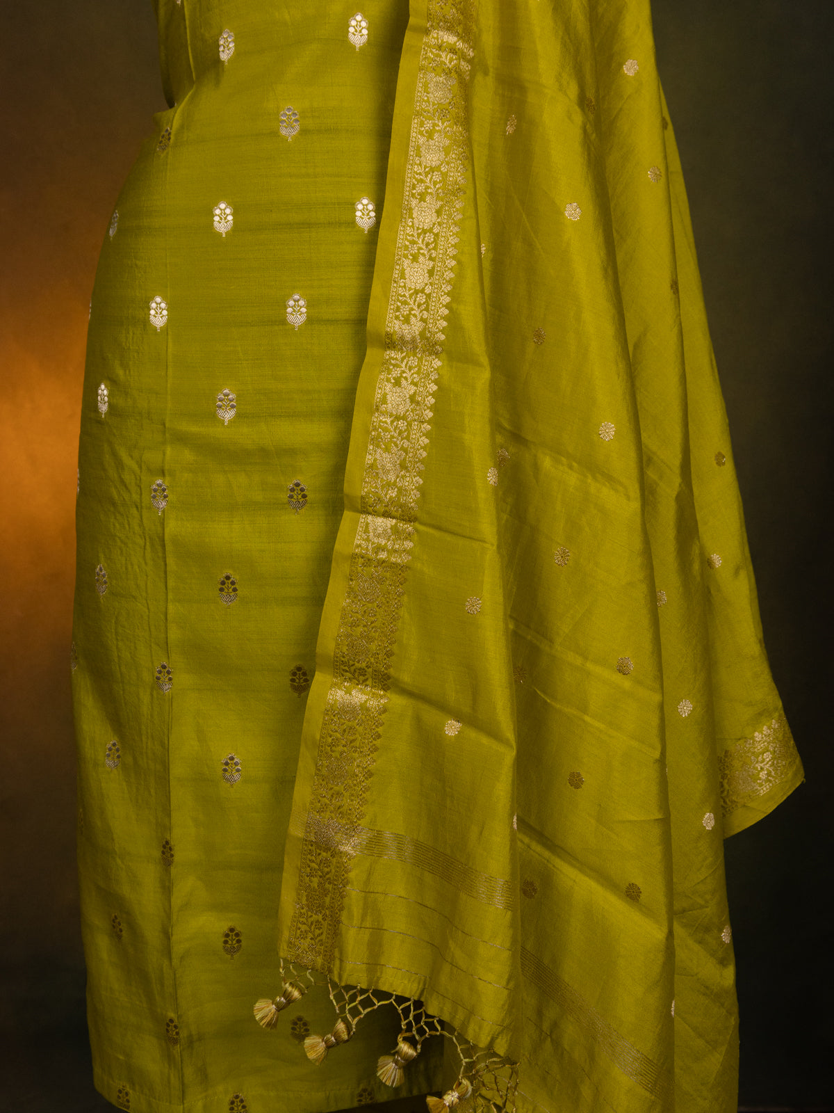 Lime Green Silk Semi-Stitched Suit