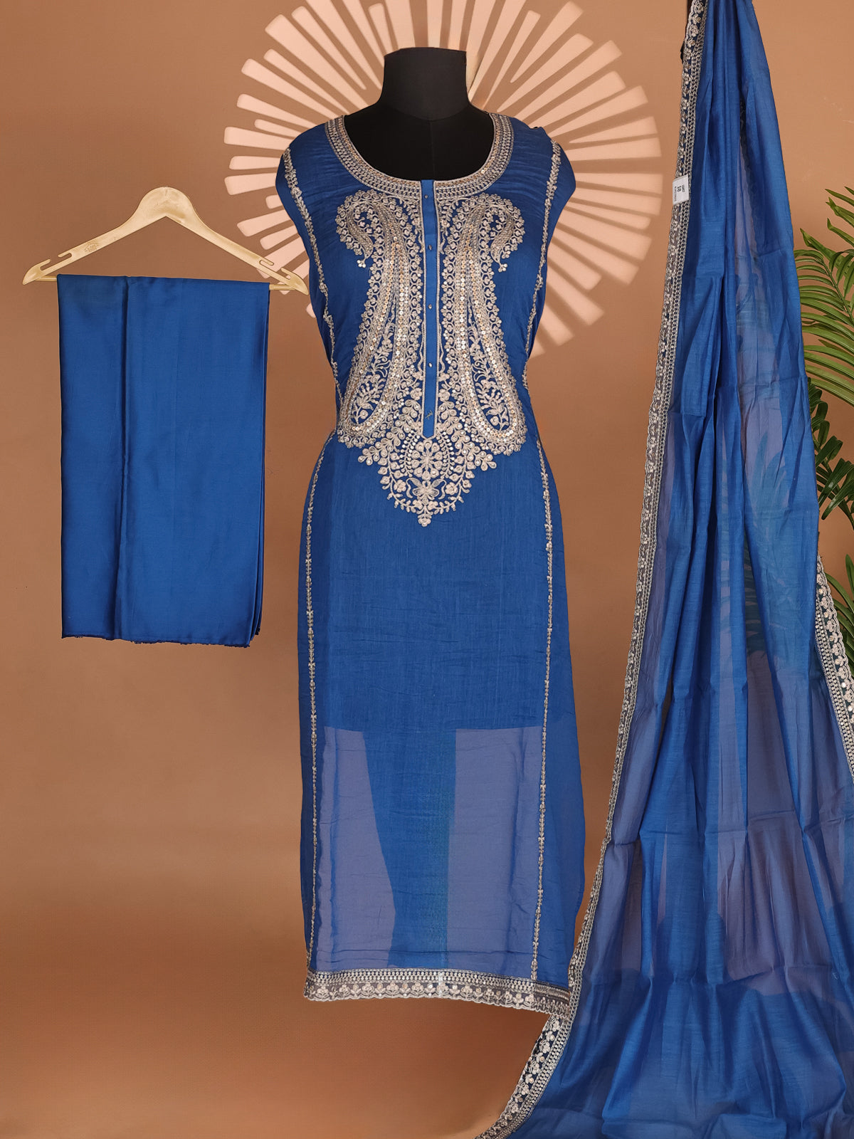Blue Chanderi Semi-Stitched Suit