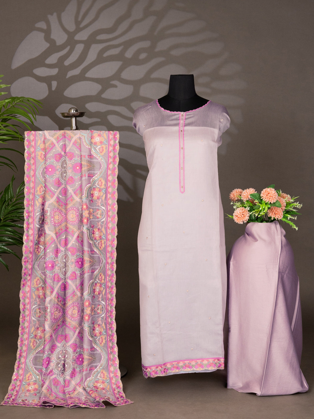 Pastel Pink Chanderi Semi-Stitched Suit