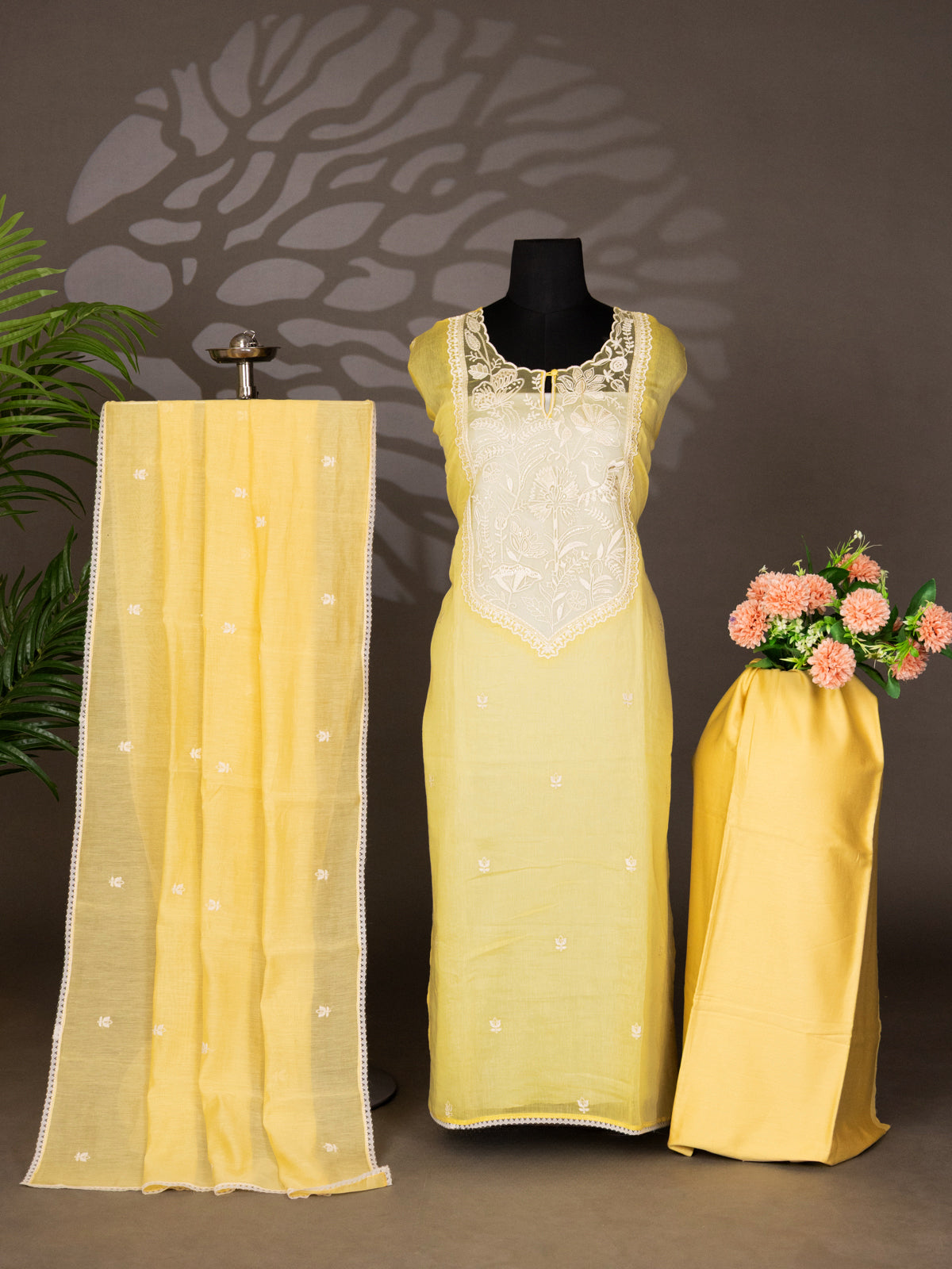 Yellow Chanderi Semi-Stitched Suit