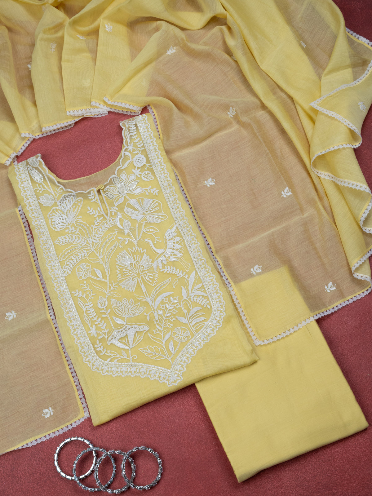 Yellow Chanderi Semi-Stitched Suit