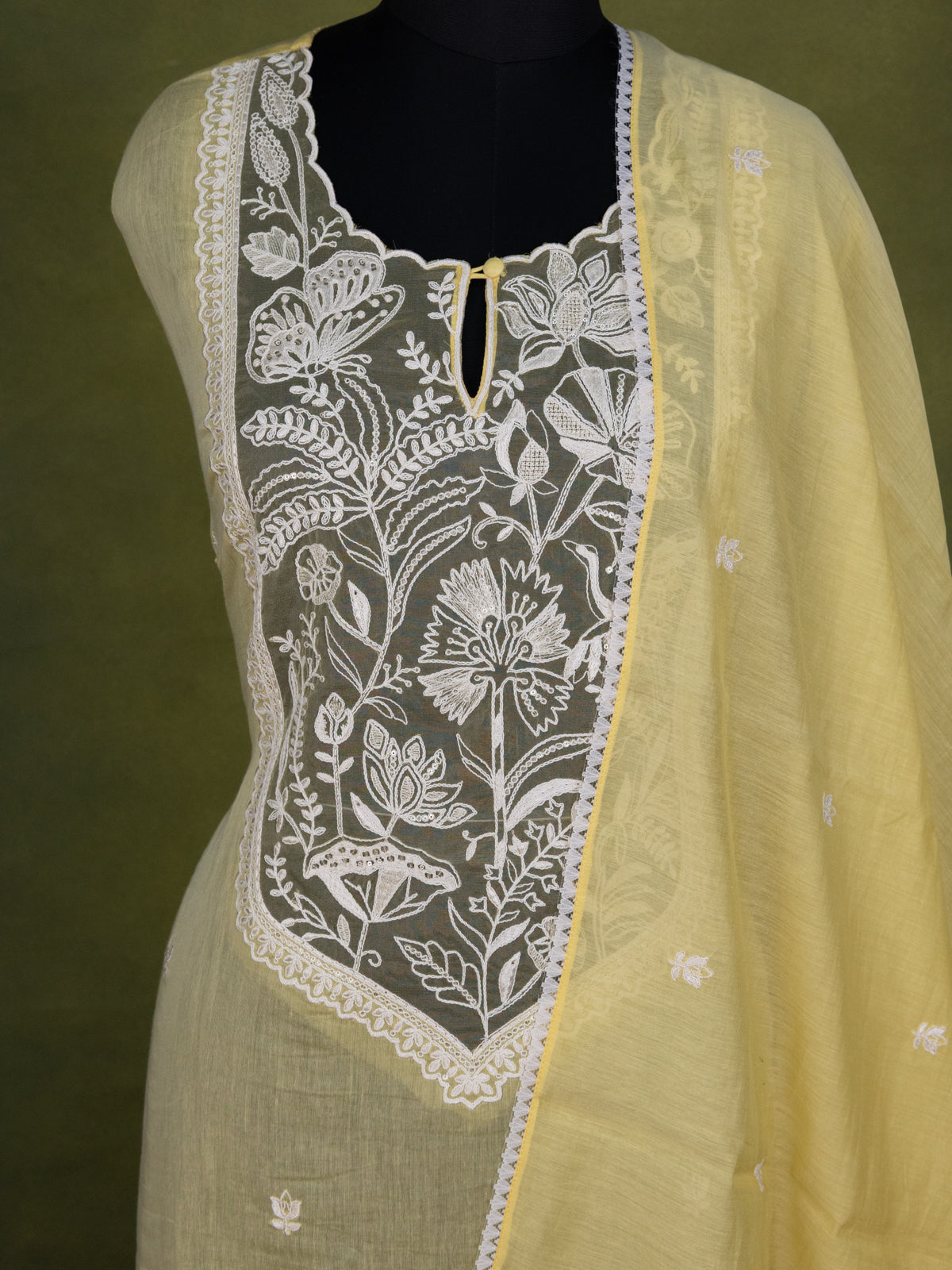 Yellow Chanderi Semi-Stitched Suit