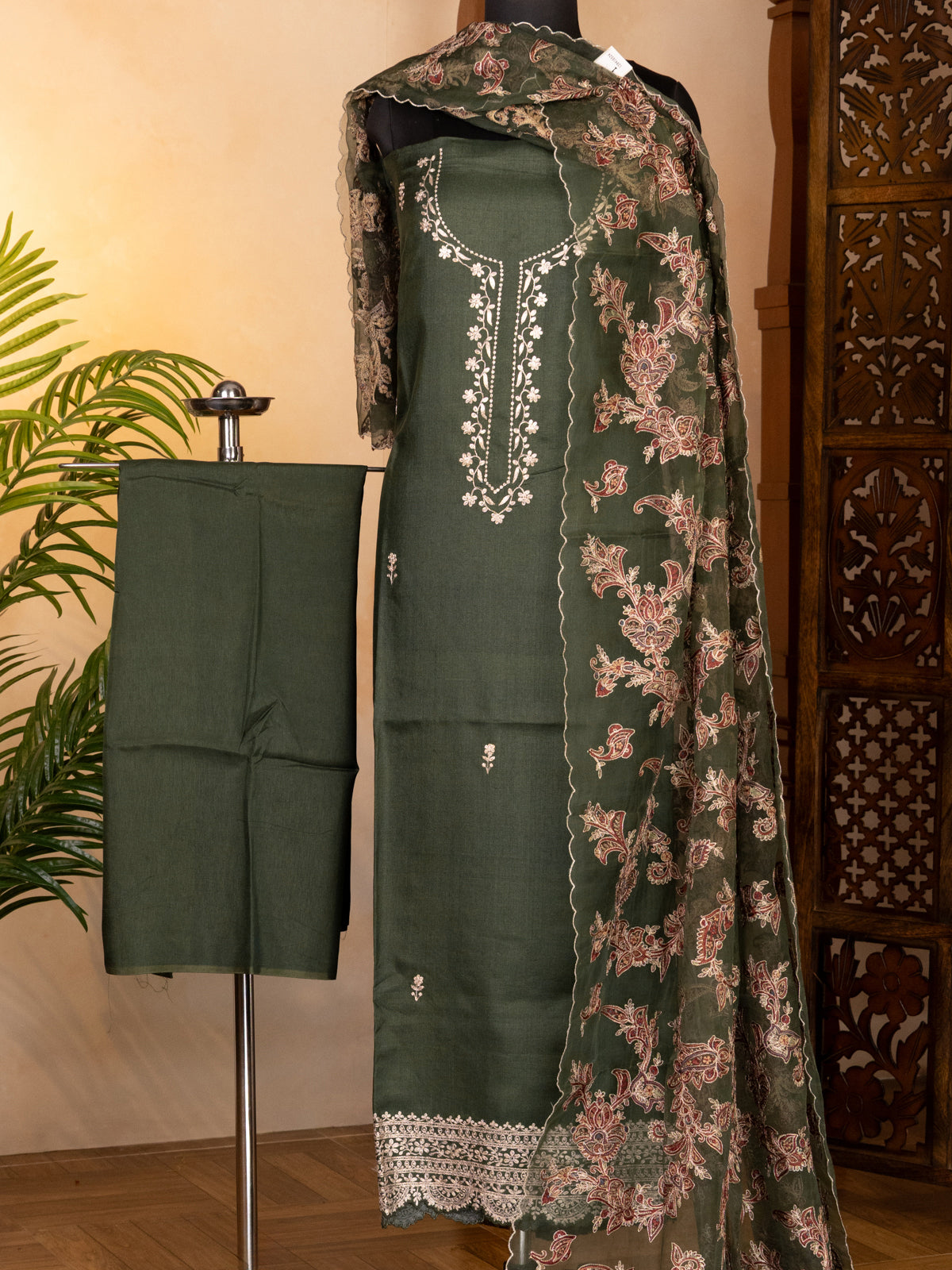 Dark Green Tussar Unstitched Suit