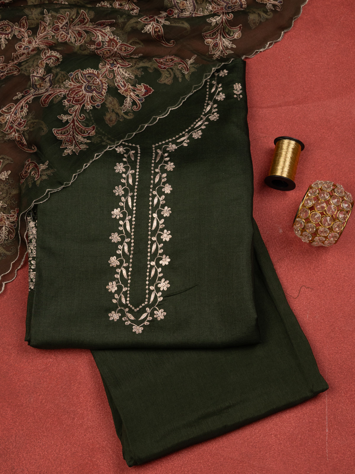 Dark Green Tussar Unstitched Suit