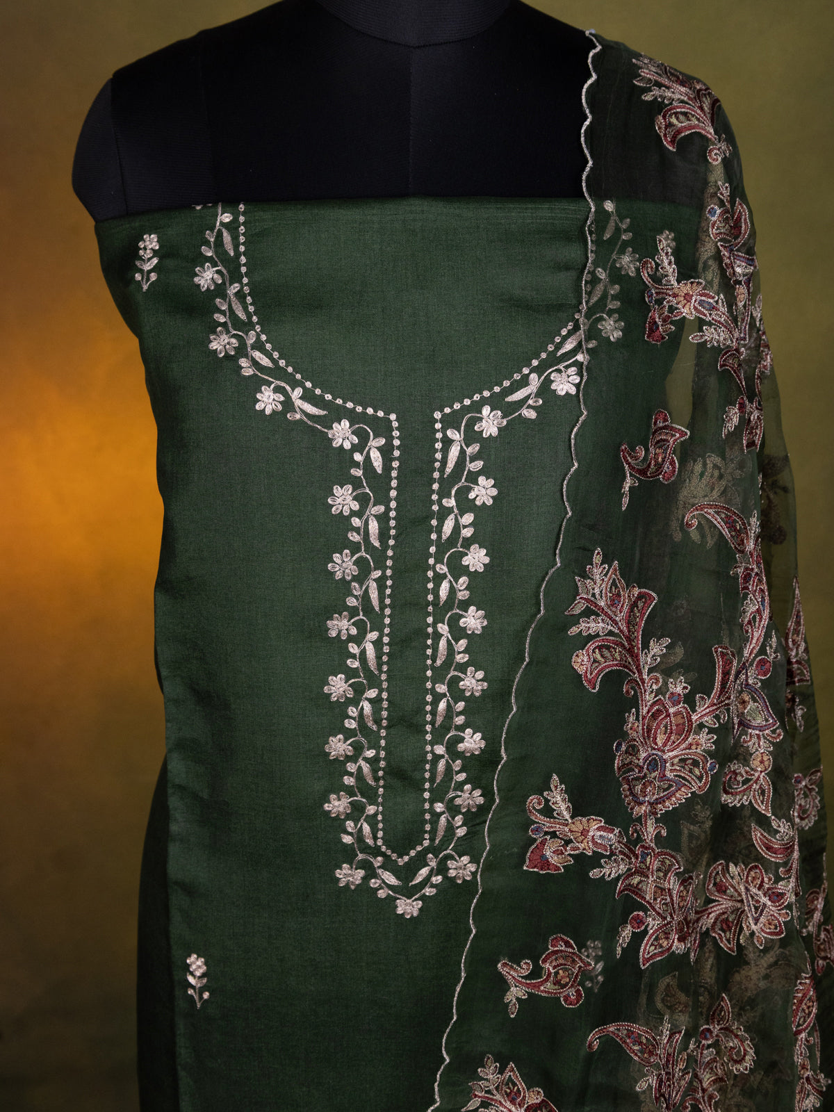 Dark Green Tussar Unstitched Suit