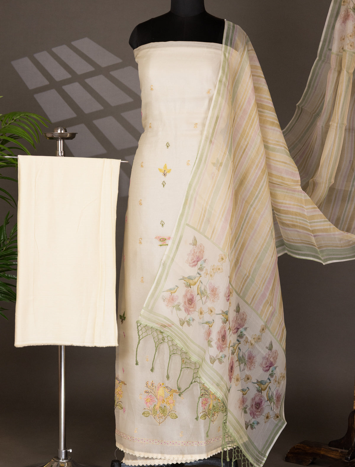 Cream Organza Unstitched Suit