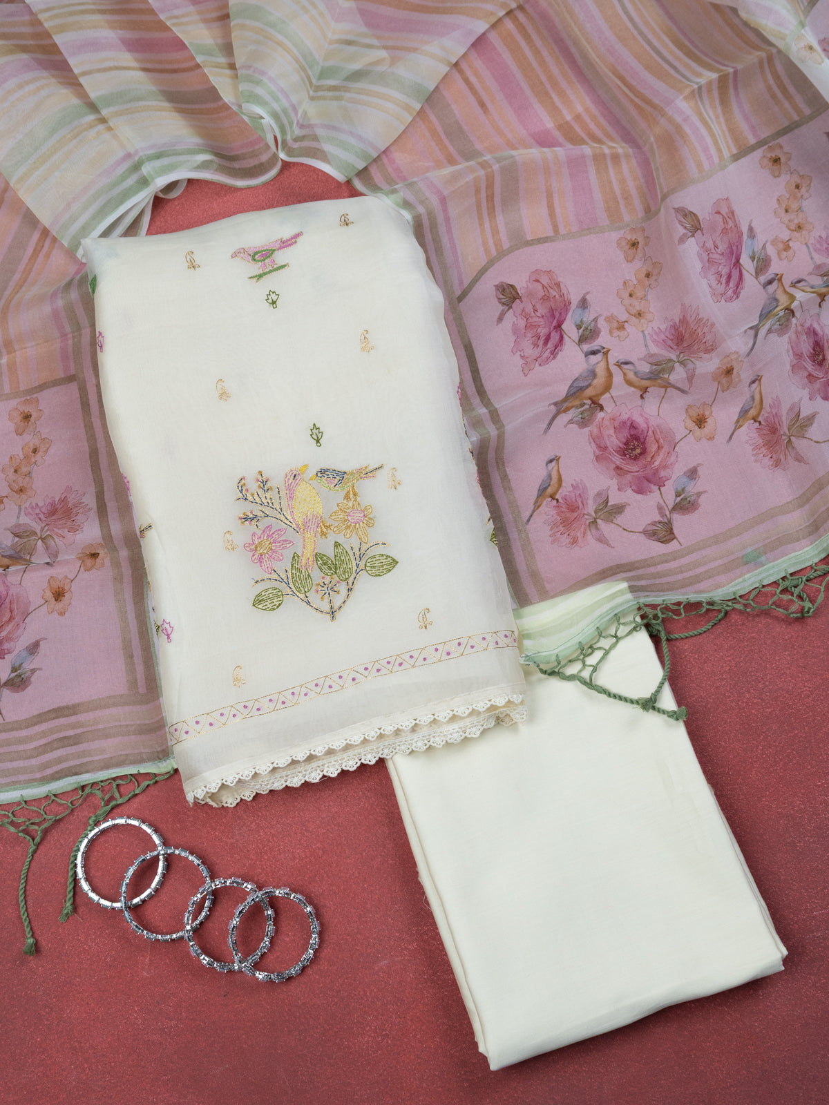 Cream Organza Unstitched Suit
