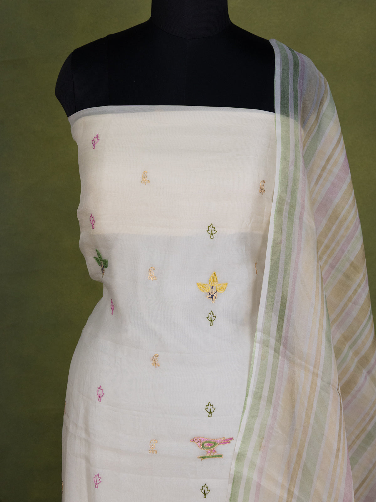Cream Organza Unstitched Suit