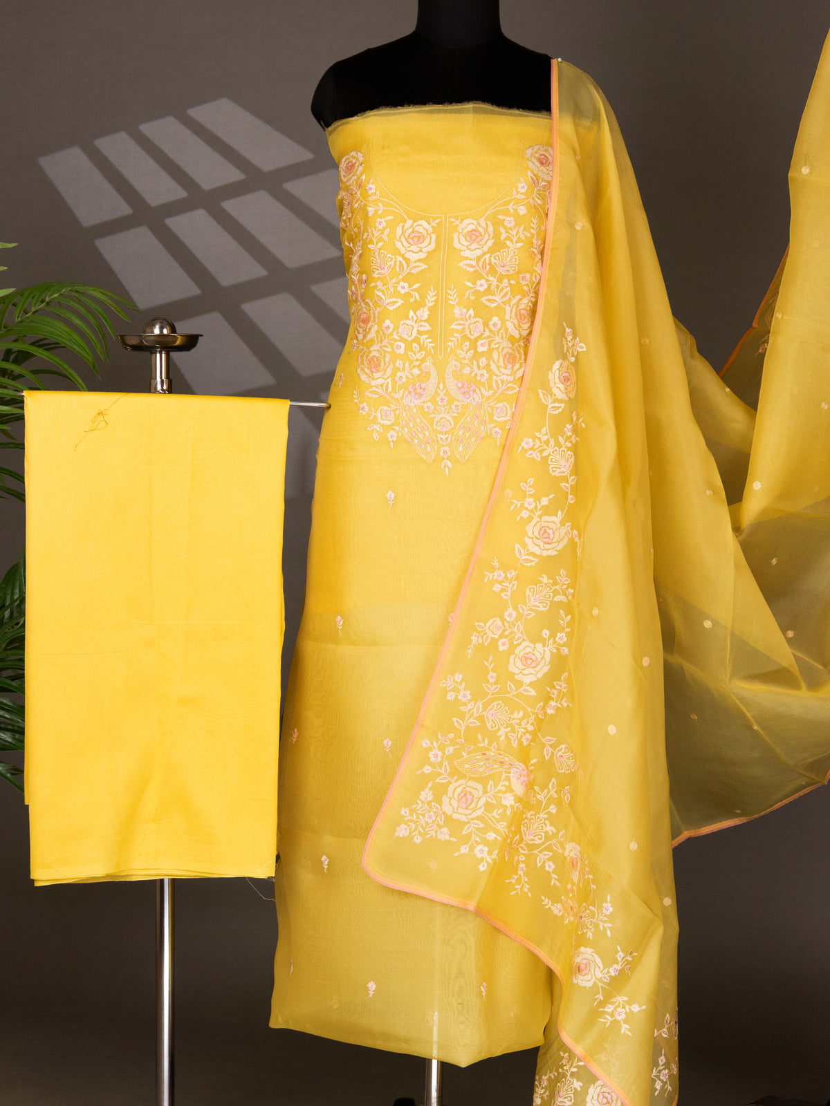 Yellow Organza Unstitched Suit